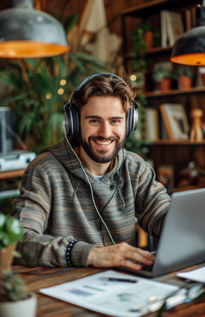 Happy young man using headphones and working on his laptop at homeの素材