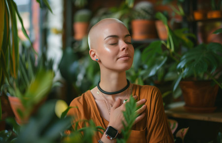 Woman with short blonde hair and shaved head, eyes closed in serene breathing poseの素材