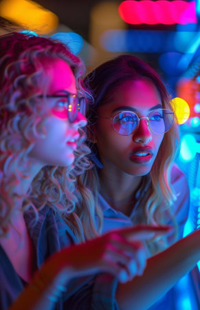 Two diverse businesswomen collaborating late at night in an office, working on an important project togetherの素材