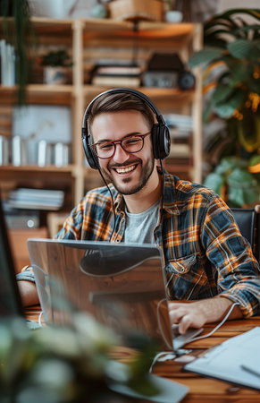 Happy young man using headphones and working on his laptop at homeの素材