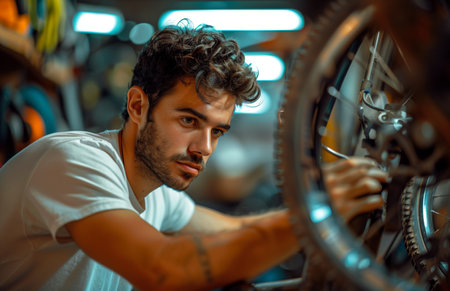 Close up of young man working at bike shop, examining a front wheel with concentrationの素材