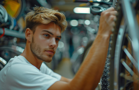 Close up of young man working at bike shop, examining a front wheel with concentrationの素材