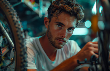 Close up of young man working at bike shop, examining a front wheel with concentrationの素材