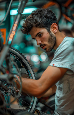 Close up of young man working at bike shop, examining a front wheel with concentrationの素材
