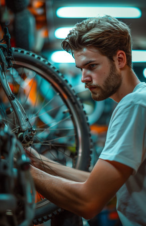 Close up of young man working at bike shop, examining a front wheel with concentrationの素材
