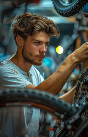 Close up of young man working at bike shop, examining a front wheel with concentrationの素材