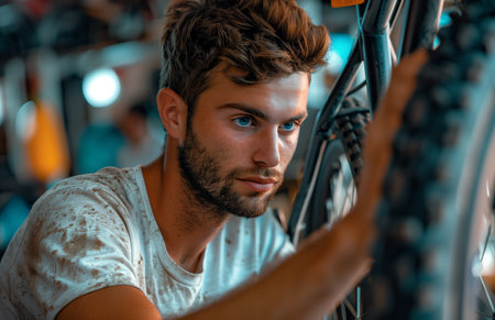 Close up of young man working at bike shop, examining a front wheel with concentrationの素材
