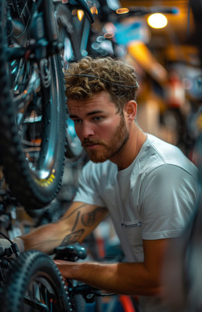 Close up of young man working at bike shop, examining a front wheel with concentrationの素材