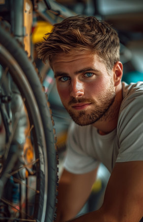 Close up of young man working at bike shop, examining a front wheel with concentrationの素材