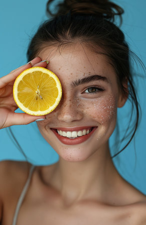 Smiling woman with radiant skin holds lemon slice near eye, showing natural beauty and freshnessの素材