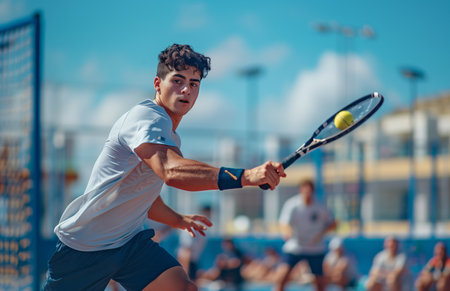 Man playing padel, wearing white t-shirt and navy shorts, holding racket, hitting ball on outdoor courtの素材