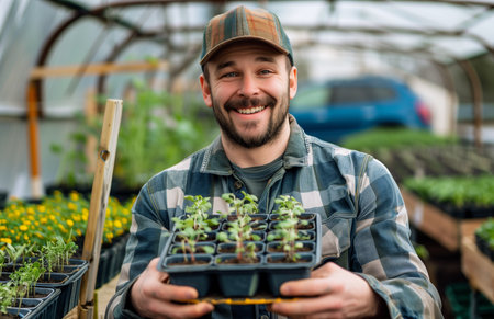 A joyful farmer holds seedlings in a greenhouse, standing near spring vegetable crops on his farmの素材