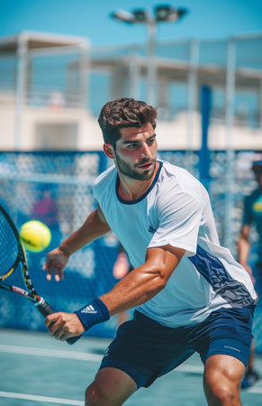 Man playing padel, wearing white t-shirt and navy shorts, holding racket, hitting ball on outdoor courtの素材