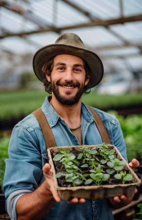 A joyful farmer holds seedlings in a greenhouse, standing near spring vegetable crops on his farmの素材