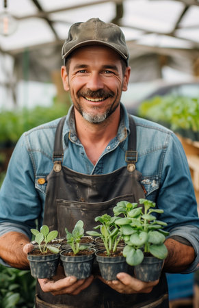 A joyful farmer holds seedlings in a greenhouse, standing near spring vegetable crops on his farmの素材