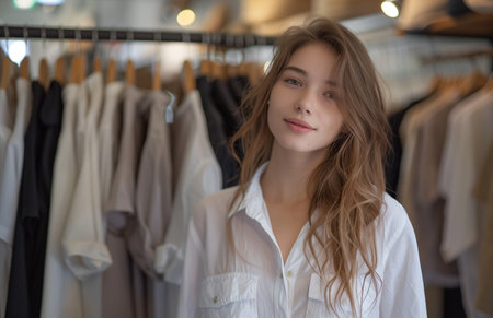 A young woman browses fashion items in a store, selecting from hanging racks.の素材