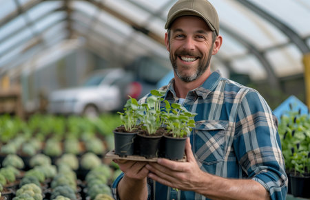 A joyful farmer holds seedlings in a greenhouse, standing near spring vegetable crops on his farmの素材