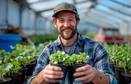 A joyful farmer holds seedlings in a greenhouse, standing near spring vegetable crops on his farmの素材