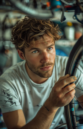 Close up of young man working at bike shop, examining a front wheel with concentrationの素材