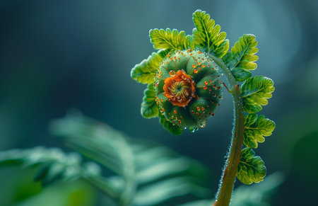 Close up of a square-shaped fern frond's bud with spiral growth and delicate green leavesの素材
