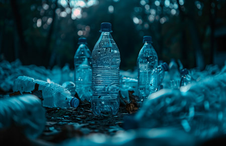 A heap of clear plastic water bottles, silhouetted trees in the background, illuminated under the night skyの素材