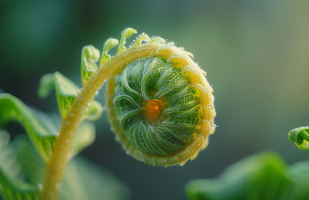 Close up of a square-shaped fern frond's bud with spiral growth and delicate green leavesの素材