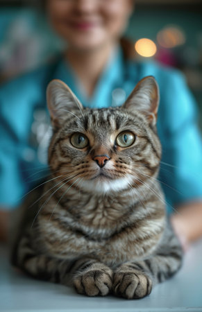 Adorable cat resting on table, gazing at camera, female vet in blue uniform behind, pet care themeの素材