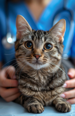 Adorable cat resting on table, gazing at camera, female vet in blue uniform behind, pet care themeの素材