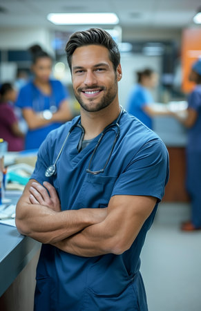 Smiling male nurse in blue scrubs, arms crossed, in busy hospital room with student nursesの素材