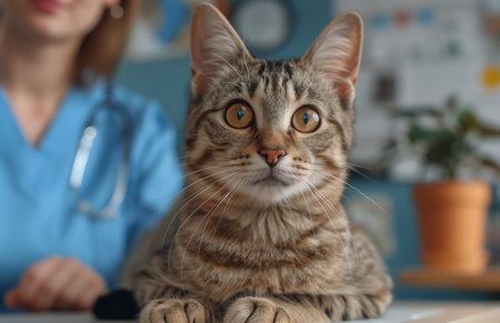 Adorable cat resting on table, gazing at camera, female vet in blue uniform behind, pet care themeの素材