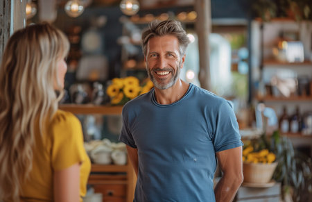 A cheerful man stands at the door, conversing with a blonde woman in her thirties.の素材