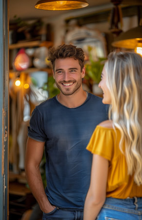 A cheerful man stands at the door, conversing with a blonde woman in her thirties.の素材