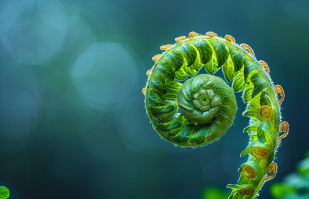 Close up of a square-shaped fern frond's bud with spiral growth and delicate green leavesの素材