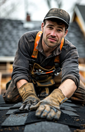 Roofer installing shingles on a roof, ensuring alignment and securing them along the nail lineの素材