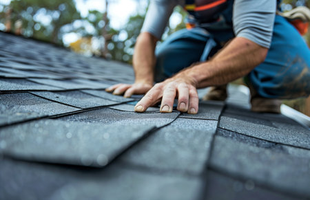 Roofer installing shingles on a roof, ensuring alignment and securing them along the nail lineの素材