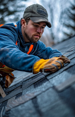 Roofer installing shingles on a roof, ensuring alignment and securing them along the nail lineの素材