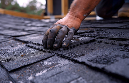 Roofer installing shingles on a roof, ensuring alignment and securing them along the nail lineの素材