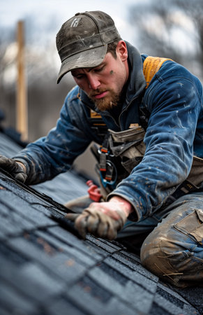 Roofer installing shingles on a roof, ensuring alignment and securing them along the nail lineの素材