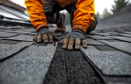 Roofer installing shingles on a roof, ensuring alignment and securing them along the nail lineの素材