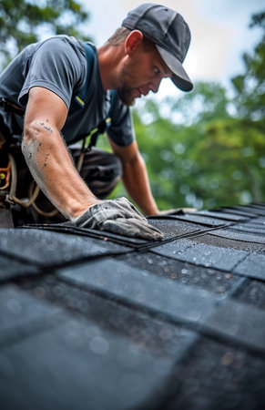 Roofer installing shingles on a roof, ensuring alignment and securing them along the nail lineの素材