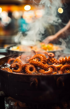 Boiling octopus in a pot, with smoke and steam rising from the hot waterの素材