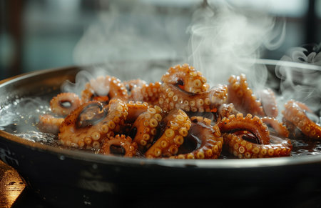 Boiling octopus in a pot, with smoke and steam rising from the hot waterの素材