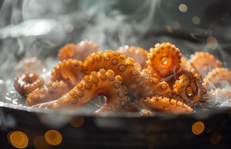 Boiling octopus in a pot, with smoke and steam rising from the hot waterの素材