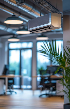 An air conditioner unit mounted on the ceiling in an office workspace providing coolingの素材