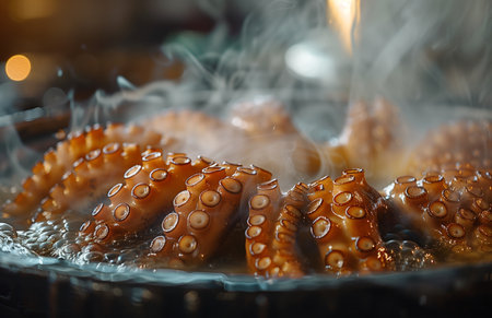 Boiling octopus in a pot, with smoke and steam rising from the hot waterの素材