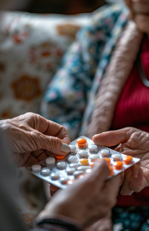 A nurse administers medication to an elderly woman on the sofa, focusing on their handsの素材