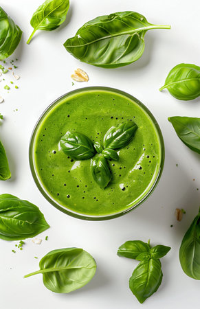 A glass of green smoothie garnished with fresh basil leaves, vibrant and healthy lookingの素材