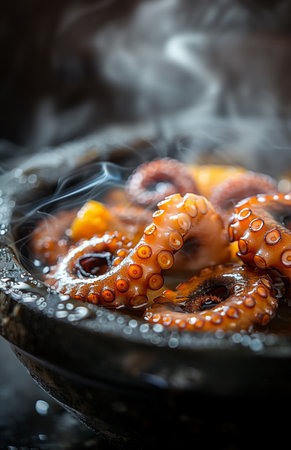 Boiling octopus in a pot, with smoke and steam rising from the hot waterの素材