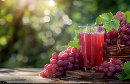 Red grape juice, grapes, wooden table, basket, green background, refreshing, vibrant, fruit, beverage, natural, organic, healthy, rustic, juicy, elegantの素材