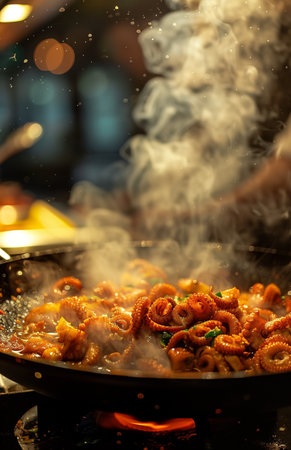 Boiling octopus in a pot, with smoke and steam rising from the hot waterの素材